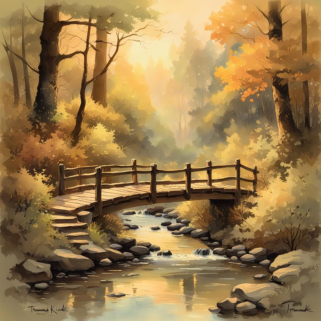 Dreamy Forest Stream with Wooden Bridge