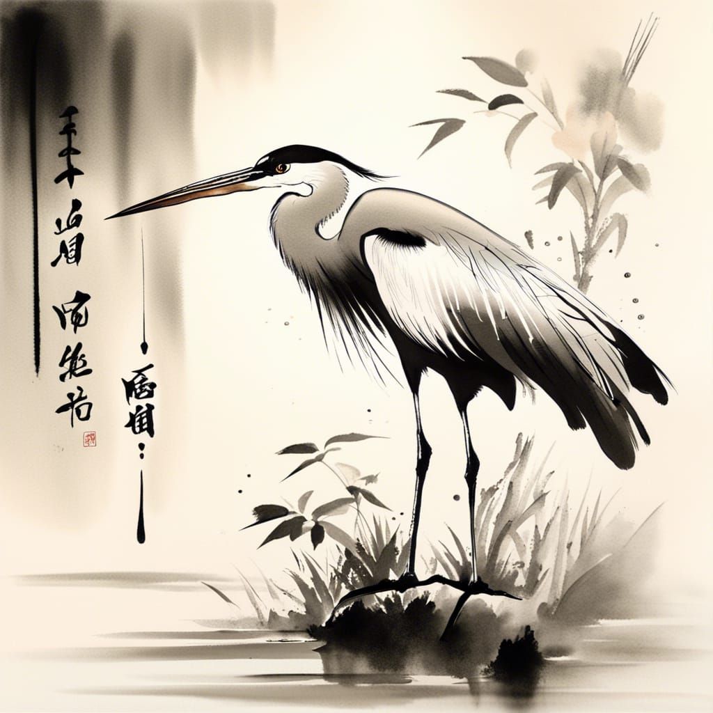 Heron in Chinese Calligraphy Style