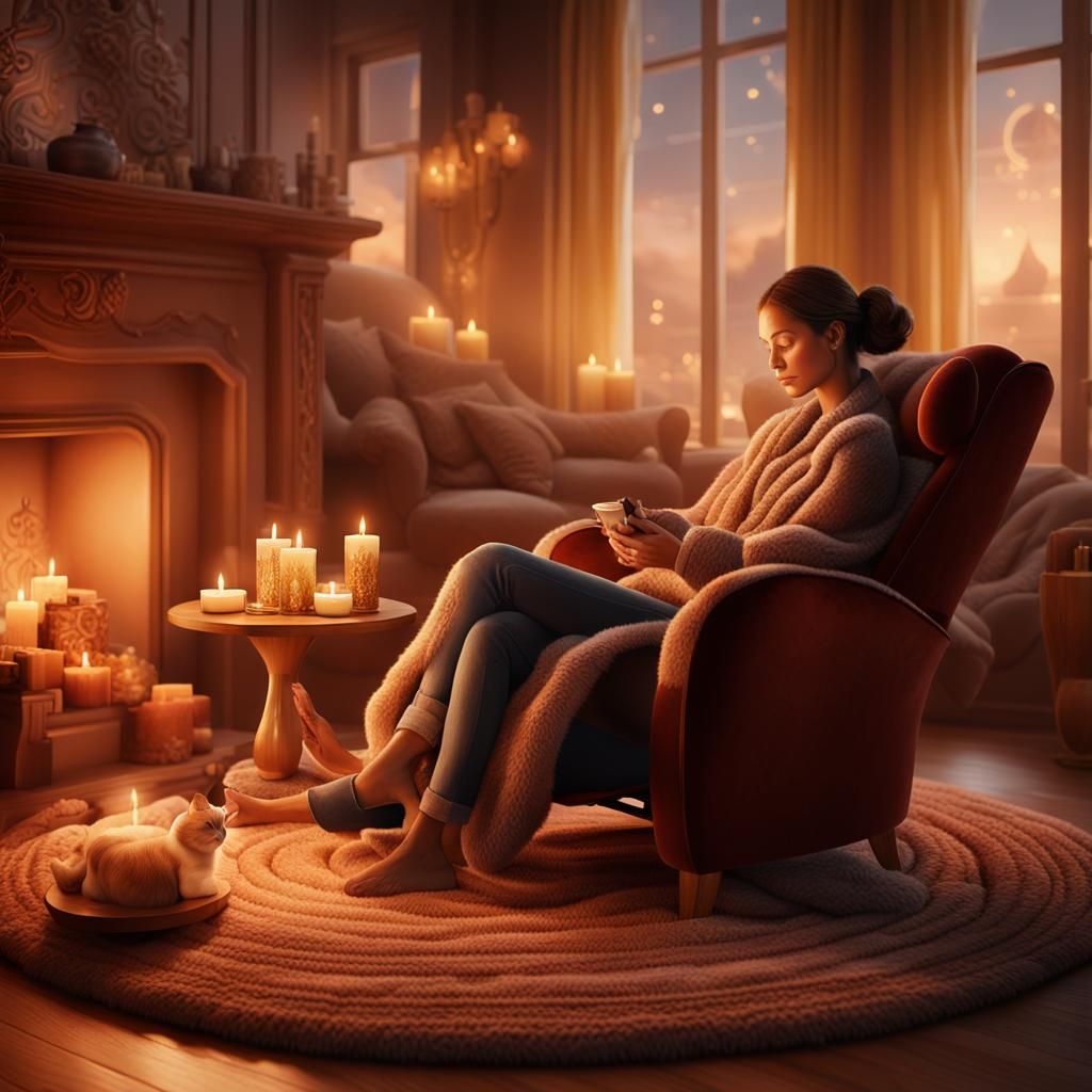 Cozy Living Room Scene with Woman and Cat