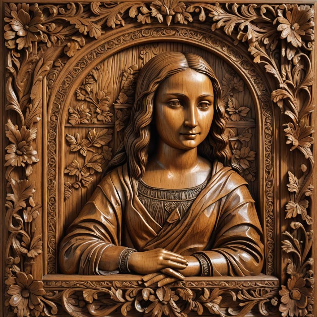 Mona Lisa as Intricate Wood Carving