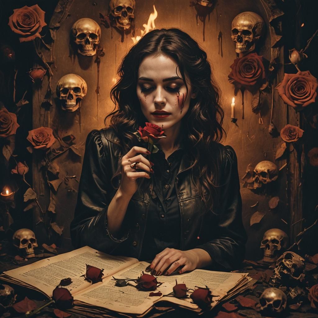 Dramatic Romance with Rose, Skulls, and Cinematic Style