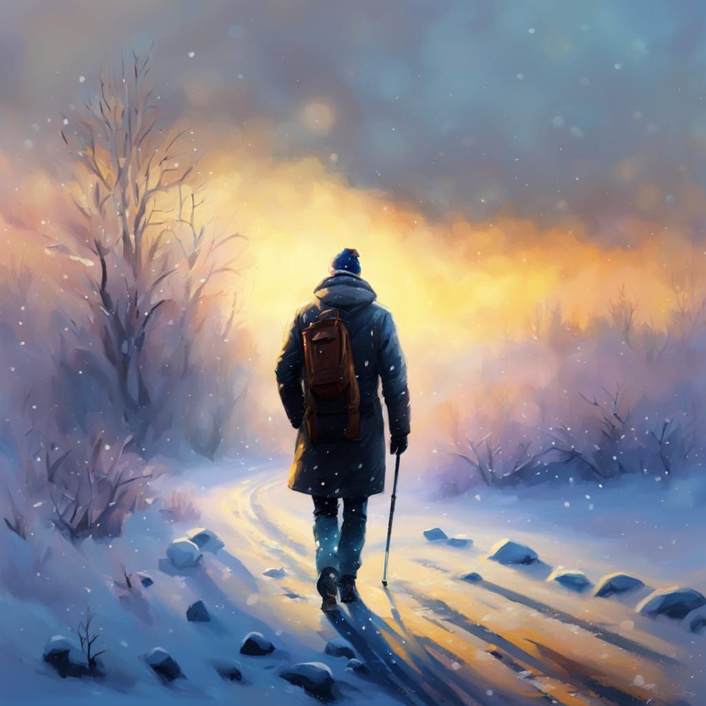 Winter Walker in Impressionist Golden Light