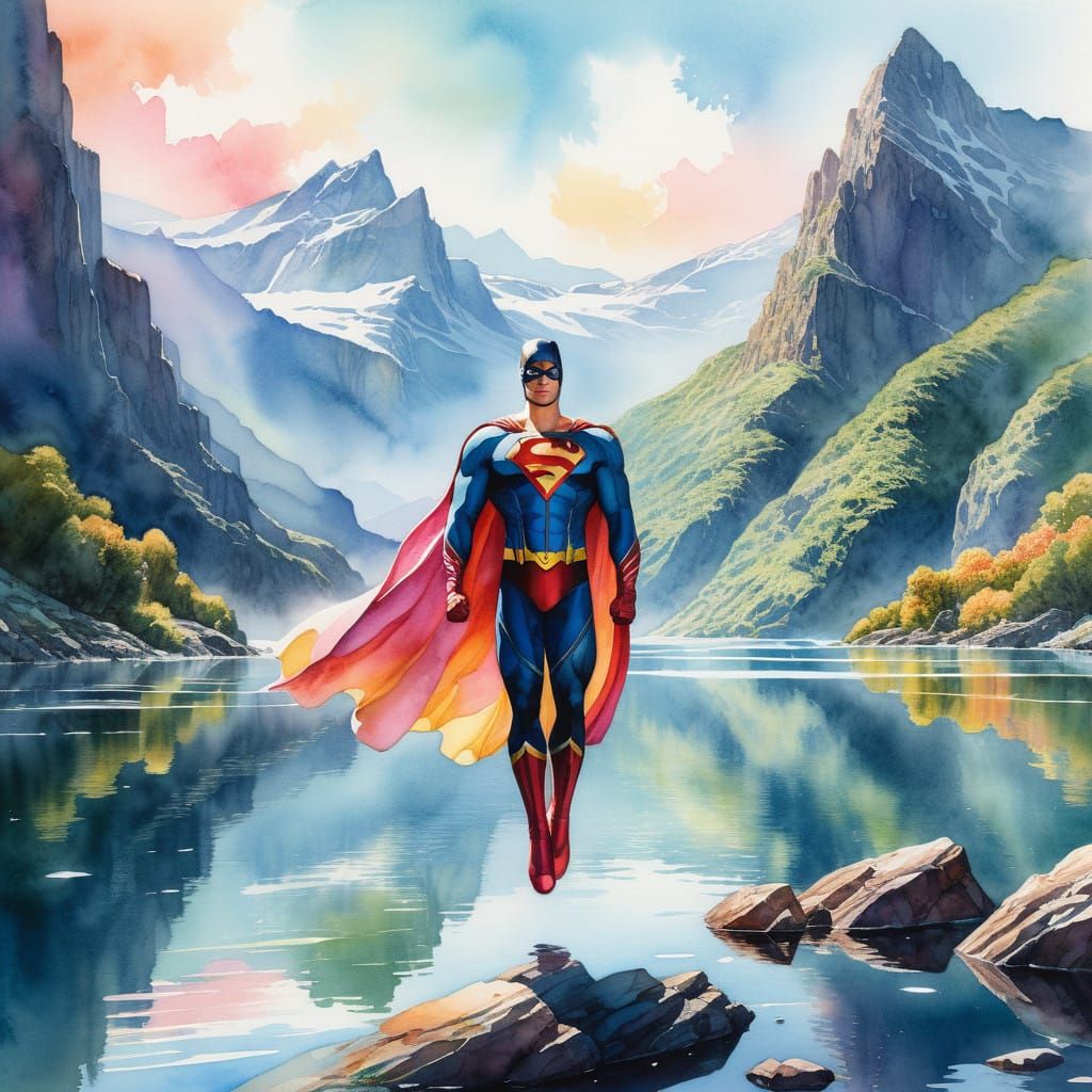 Stunning Watercolor Superhero in Morning Light