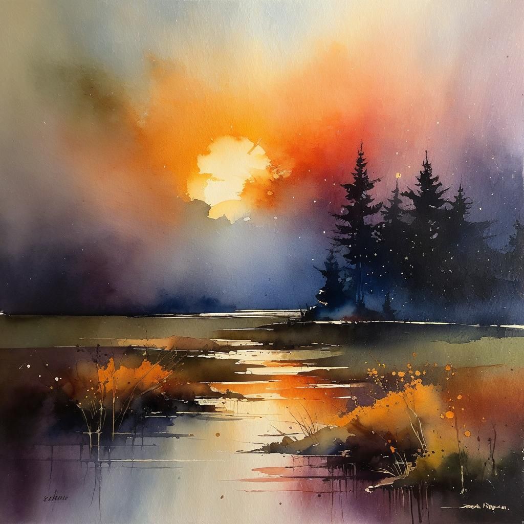 Colorful Abstract Watercolor Painting with Textured Oil Pain...