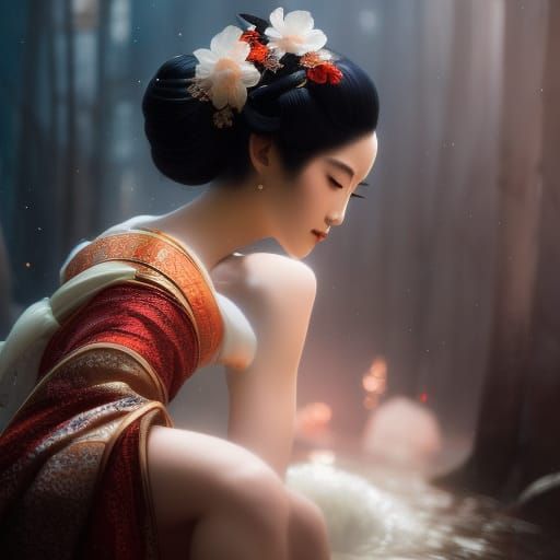 Geisha Bathing: Dark Fantasy Concept Art