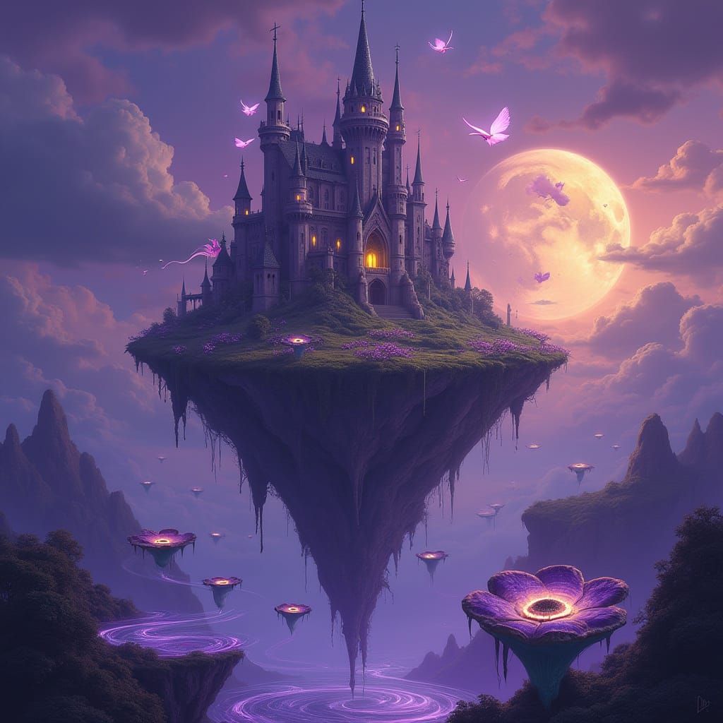 Gothic Fantasy Fairy Castle in a Violet Sky