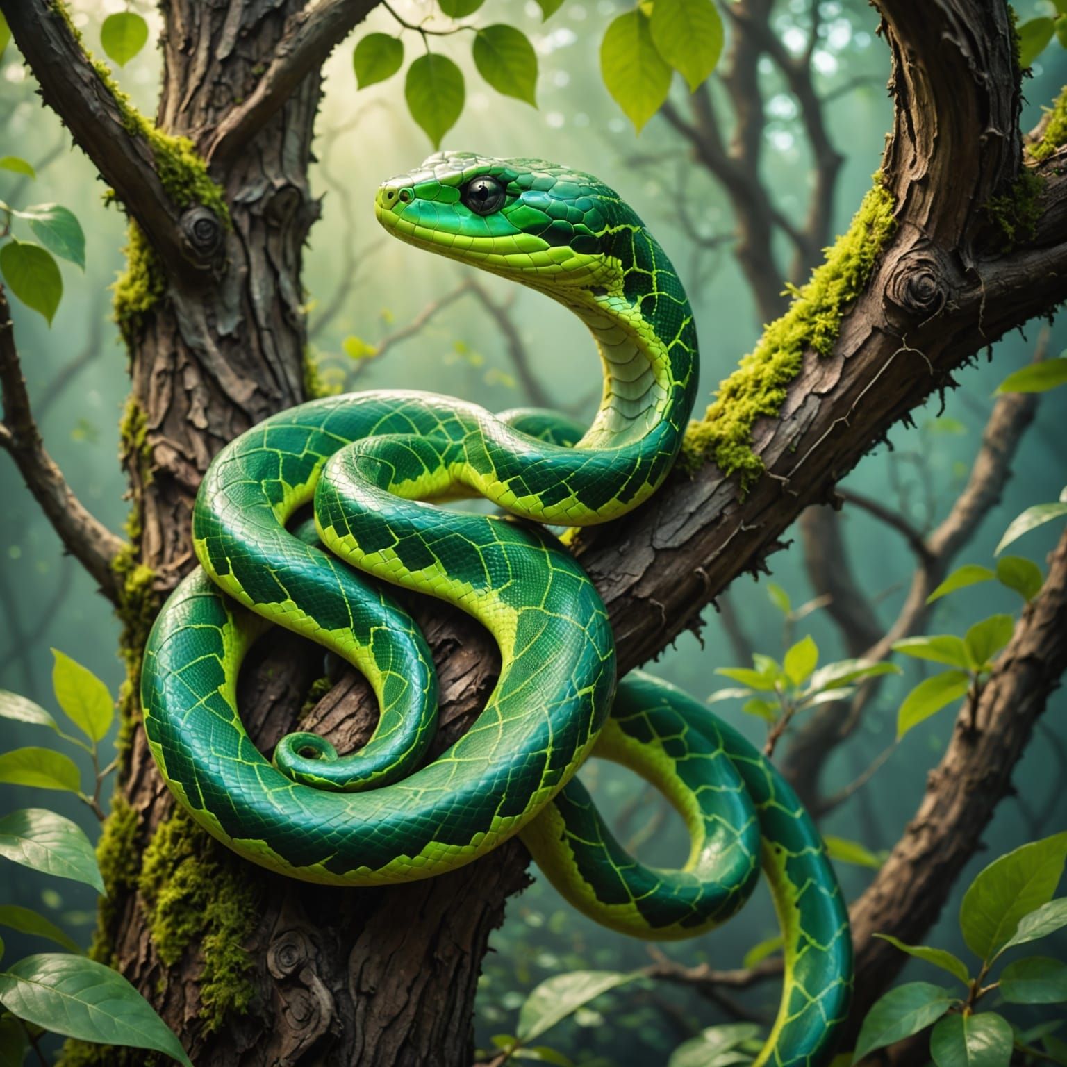 Majestic Magical Tree with Beautiful Green Snake