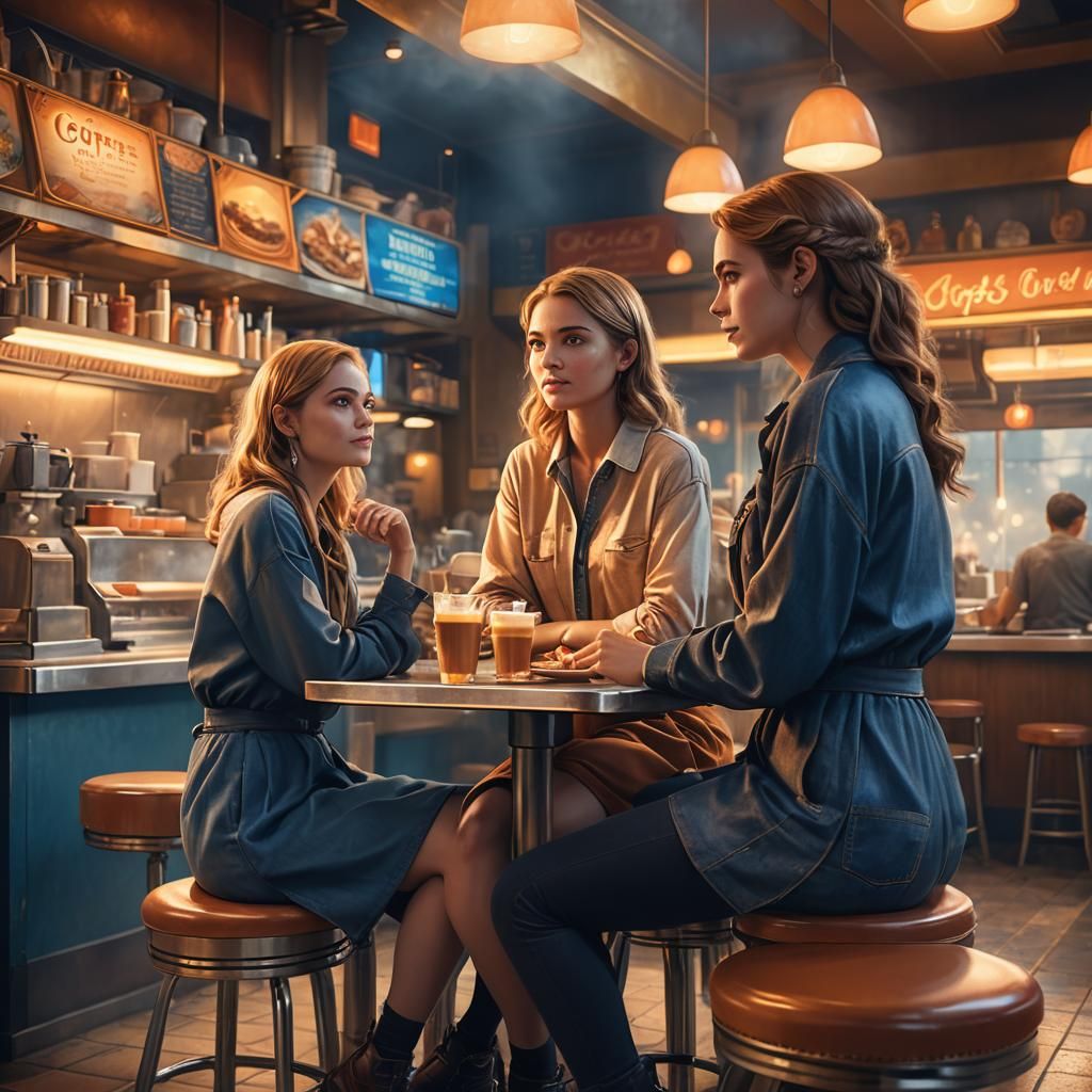 Diner Scene with Women in Photorealistic Style