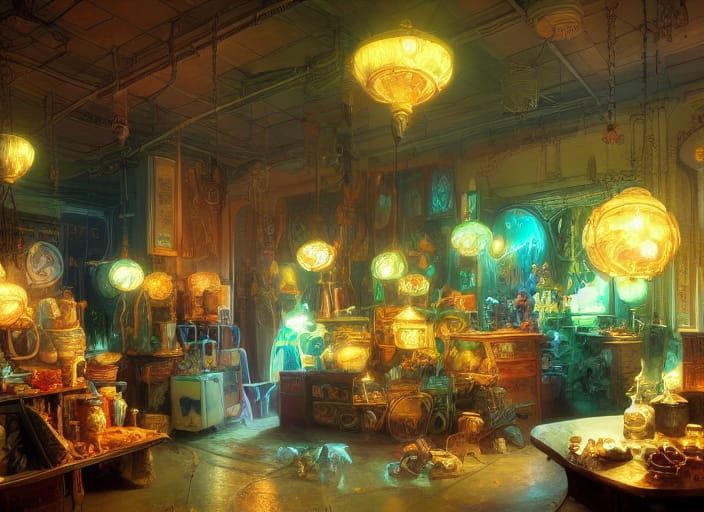 Antique Shop Interior in Multicolored Photorealistic Style