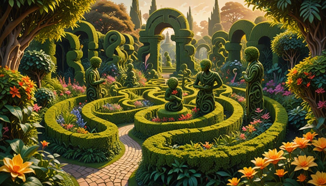 Botanical Garden Maze with Hidden Statues, Surreal Oil Paint...