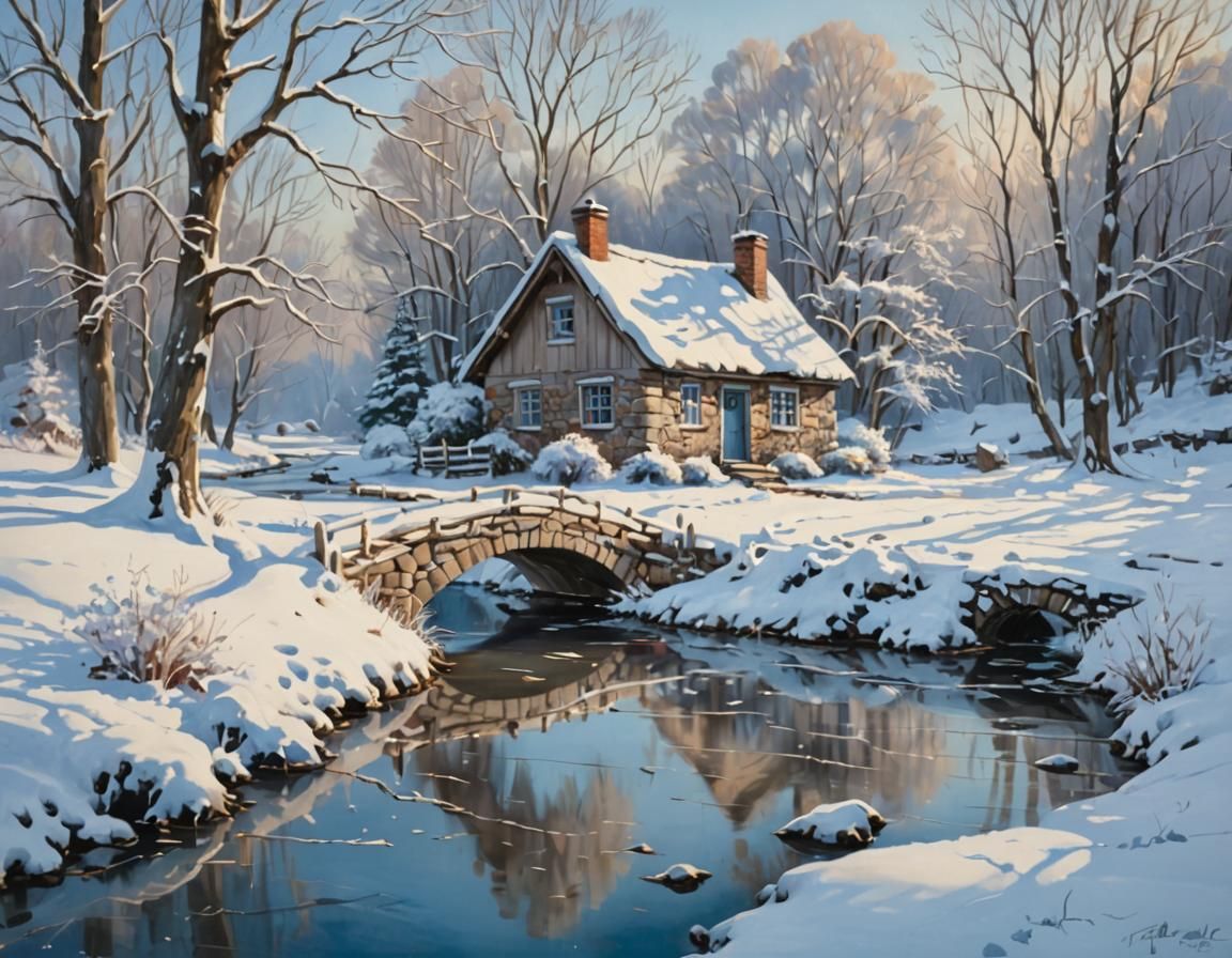 Winter Cottage Landscape with Stream in Soft Blues