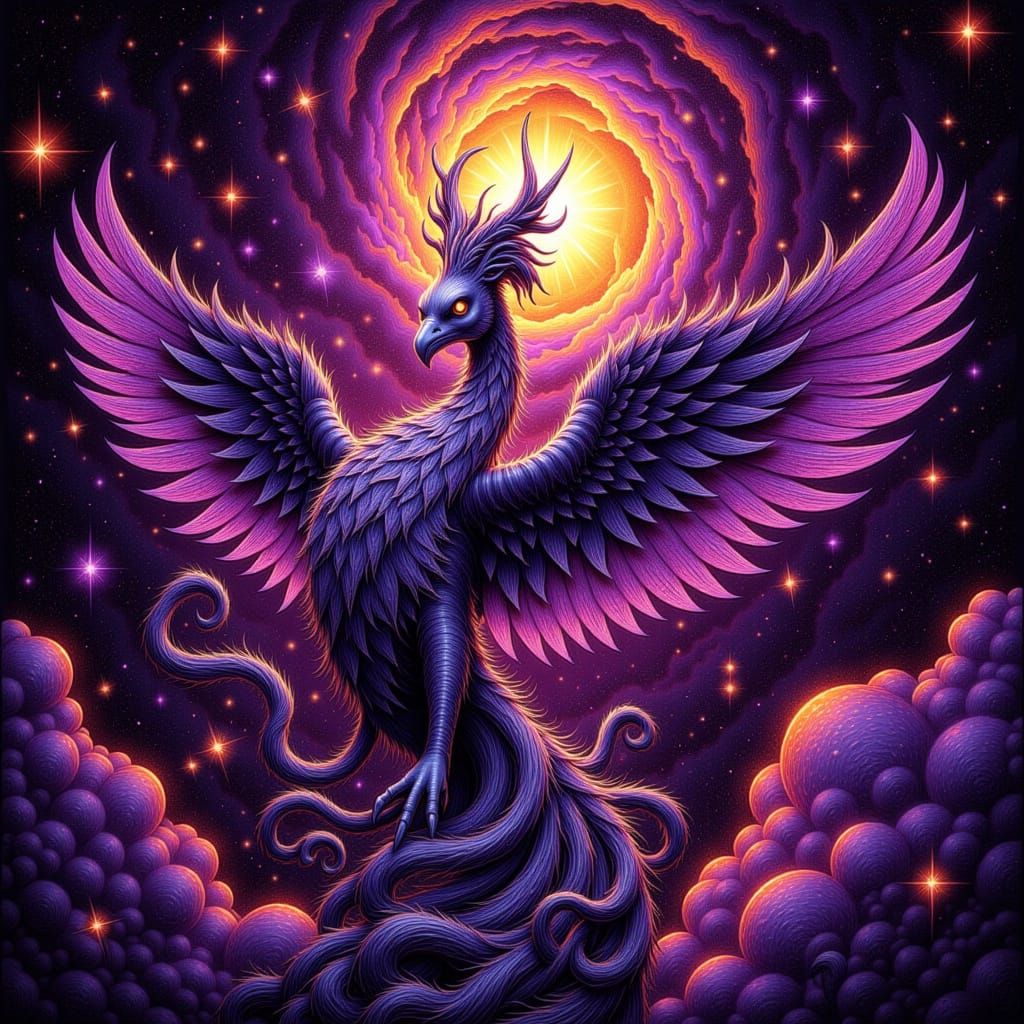 Majestic Phoenix Rises From Cosmic Nebula in Art Nouveau Sty...