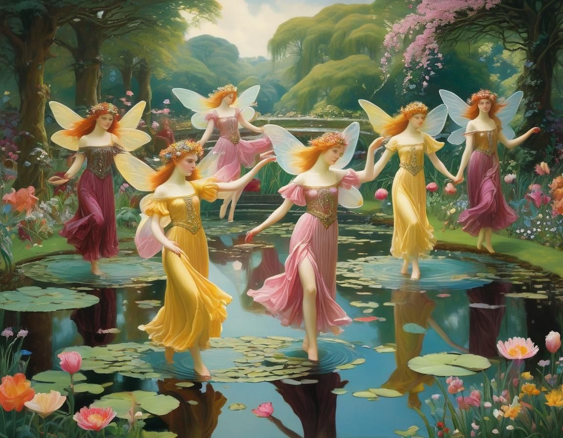 Faeries Dancing in Scottish Garden, Celtic Surrealism