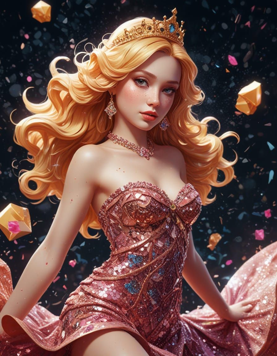 Princess in Sequined Dress, Detailed Digital Illustration