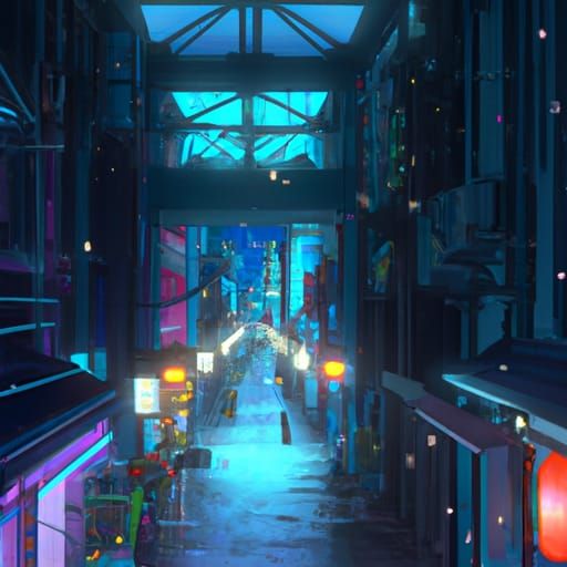 Futuristic Japanese Market Alley at Night: Anime Style