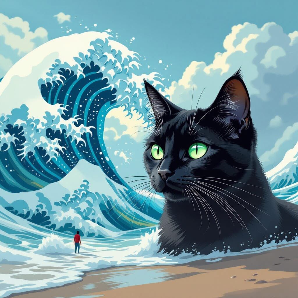 Surreal Tsunami Wave with Cat Face