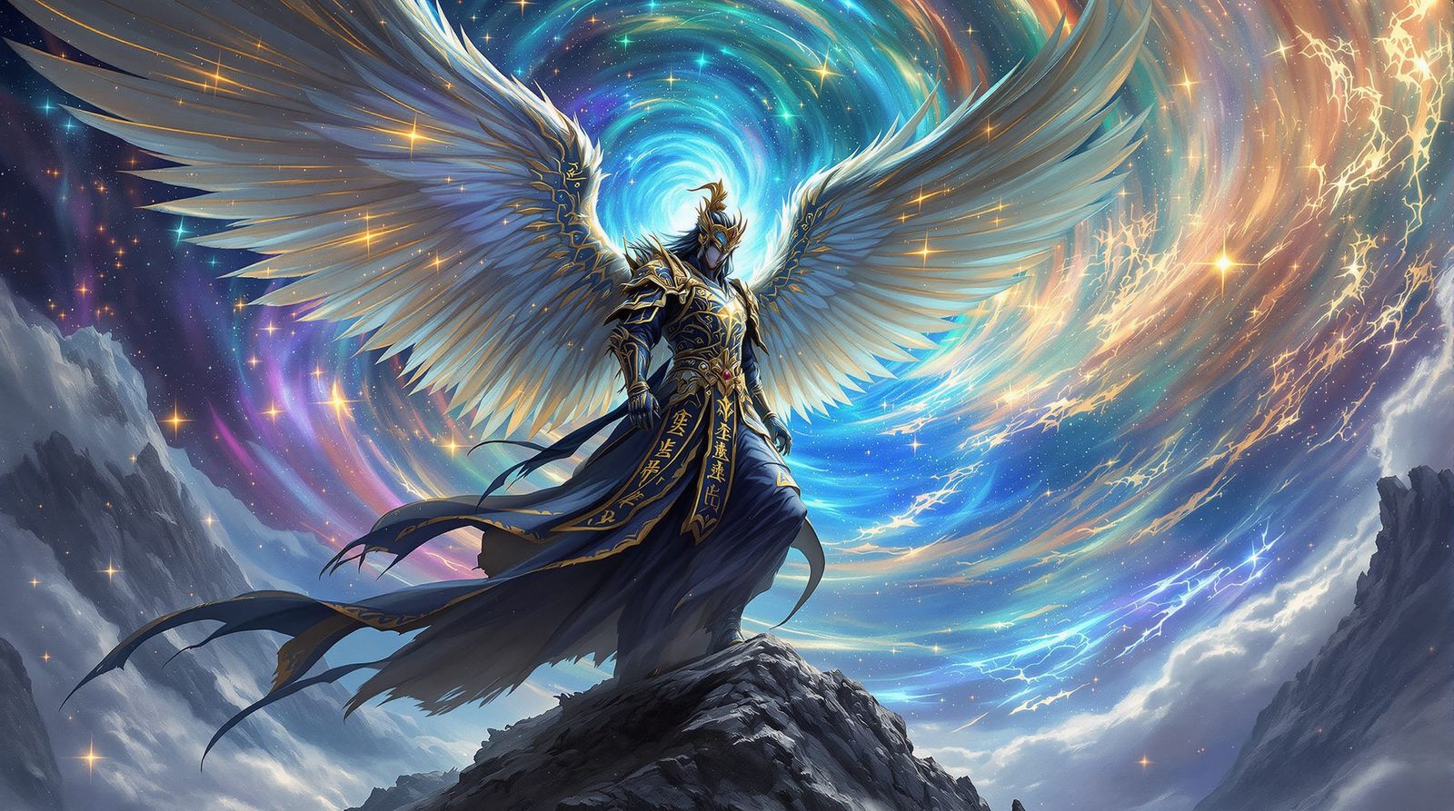 Angelic Emperor with Cosmic Vortex in Ink Wash Style