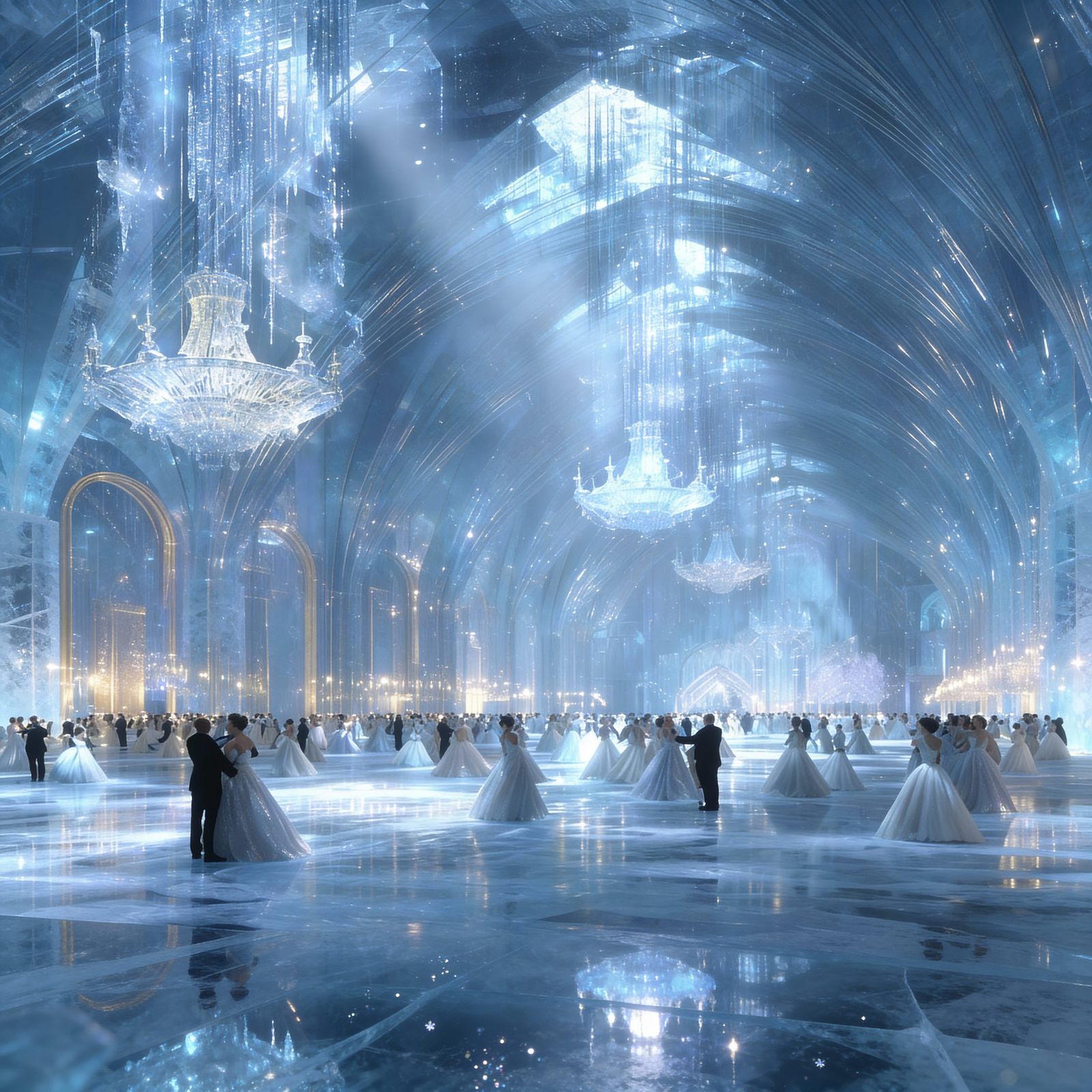 Grand Crystalline Ballroom Interior with Dancers