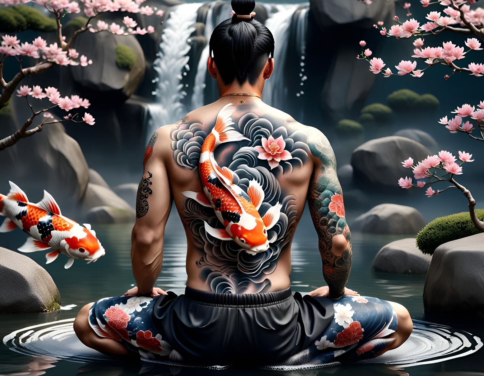 A Japanese man sitting in the water.
