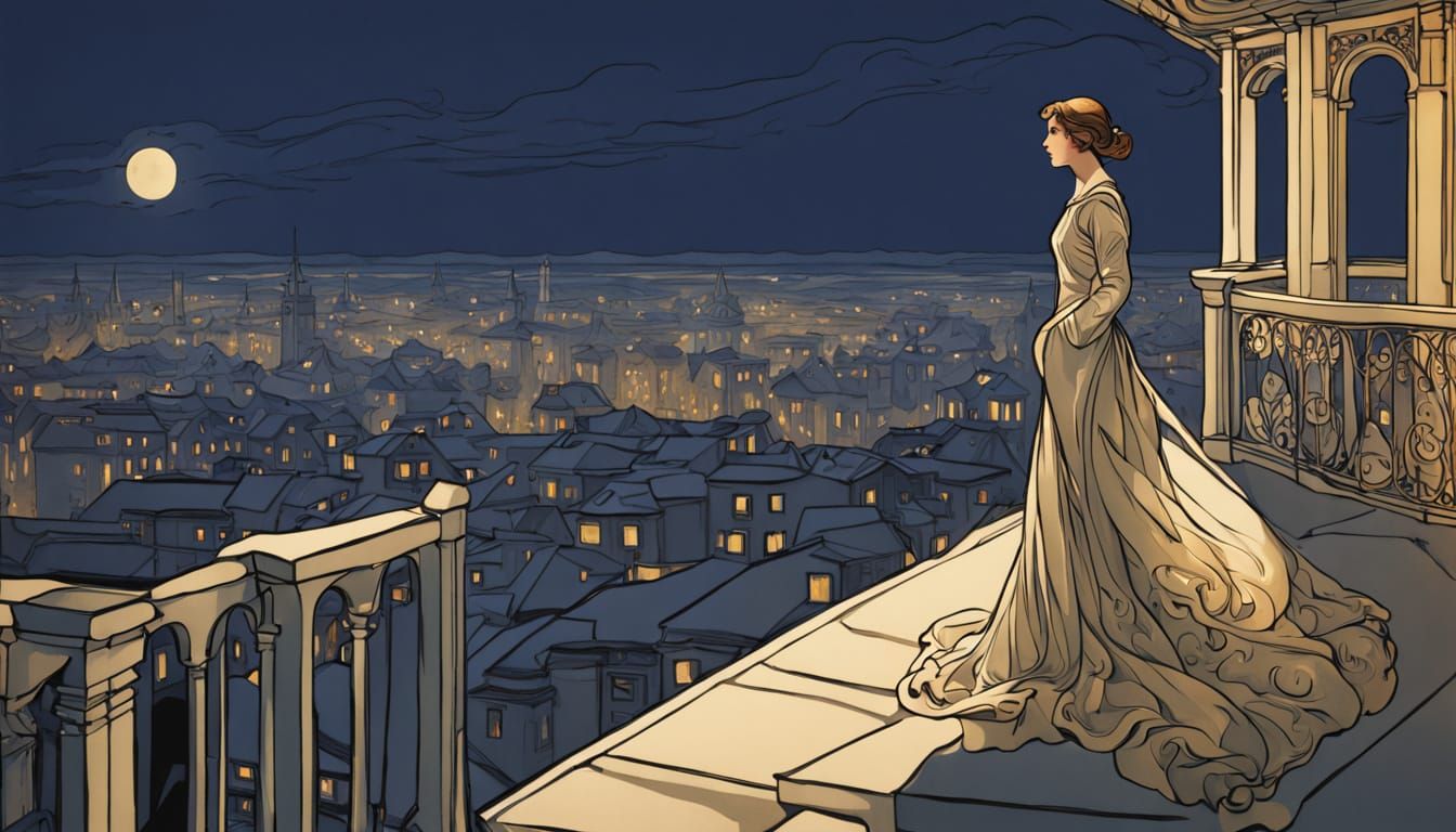 Art Nouveau Woman on Balcony at Night