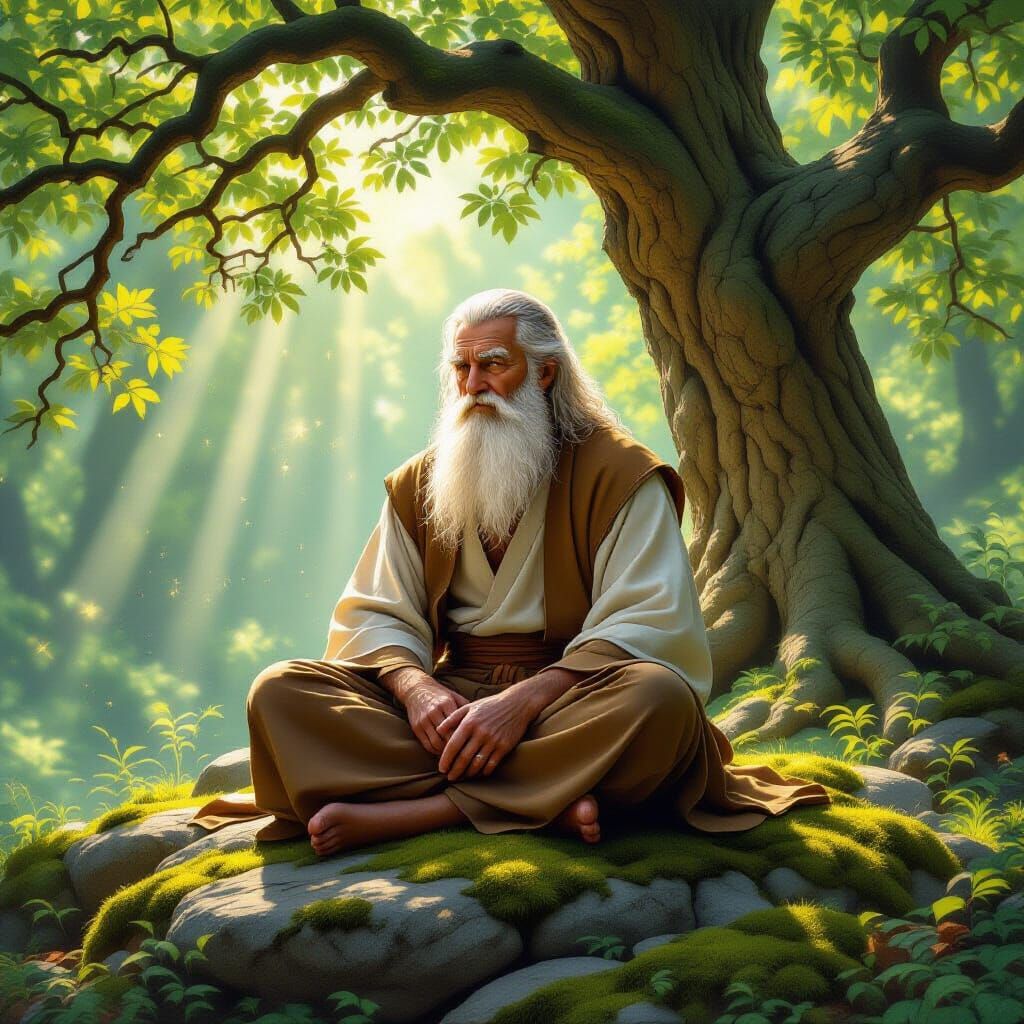 Philosopher Meditating in Sunlit Forest Clearing