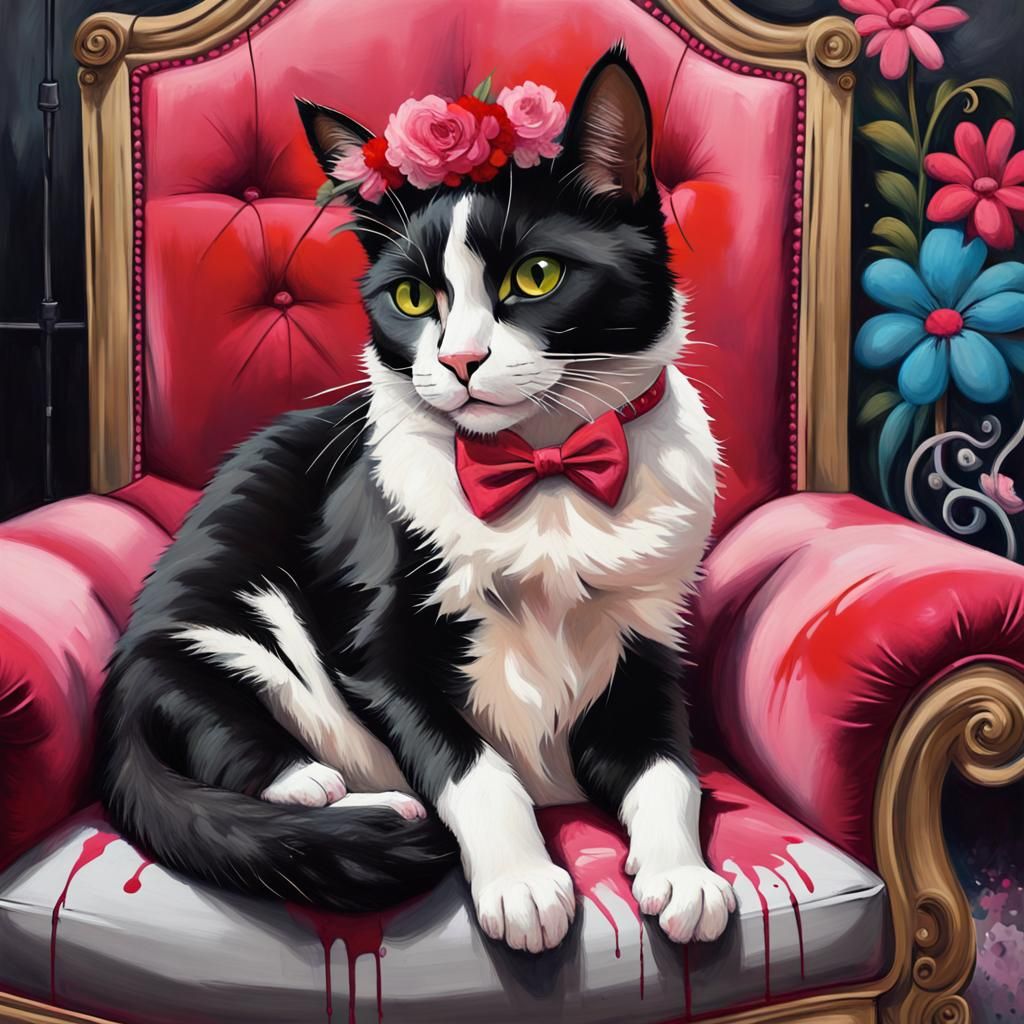 Tuxedo Cat with Floral Crown in Graffiti Art