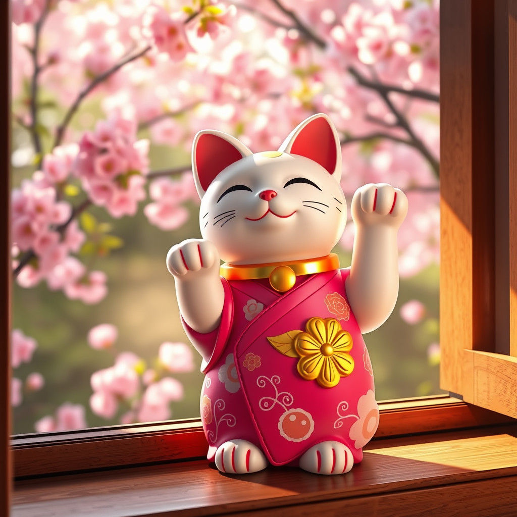 Maneki Neko on Windowsill in Fantasy Style