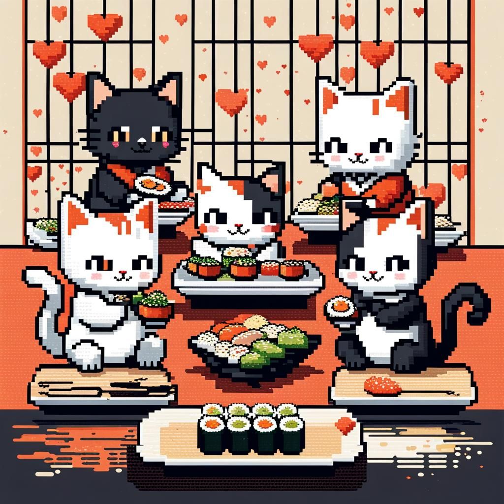 Retro Pixel Art: Chibi Cats Eating Sushi