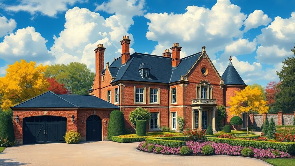 Grand Brick Chateau Amidst Vibrant Gardens and Trees