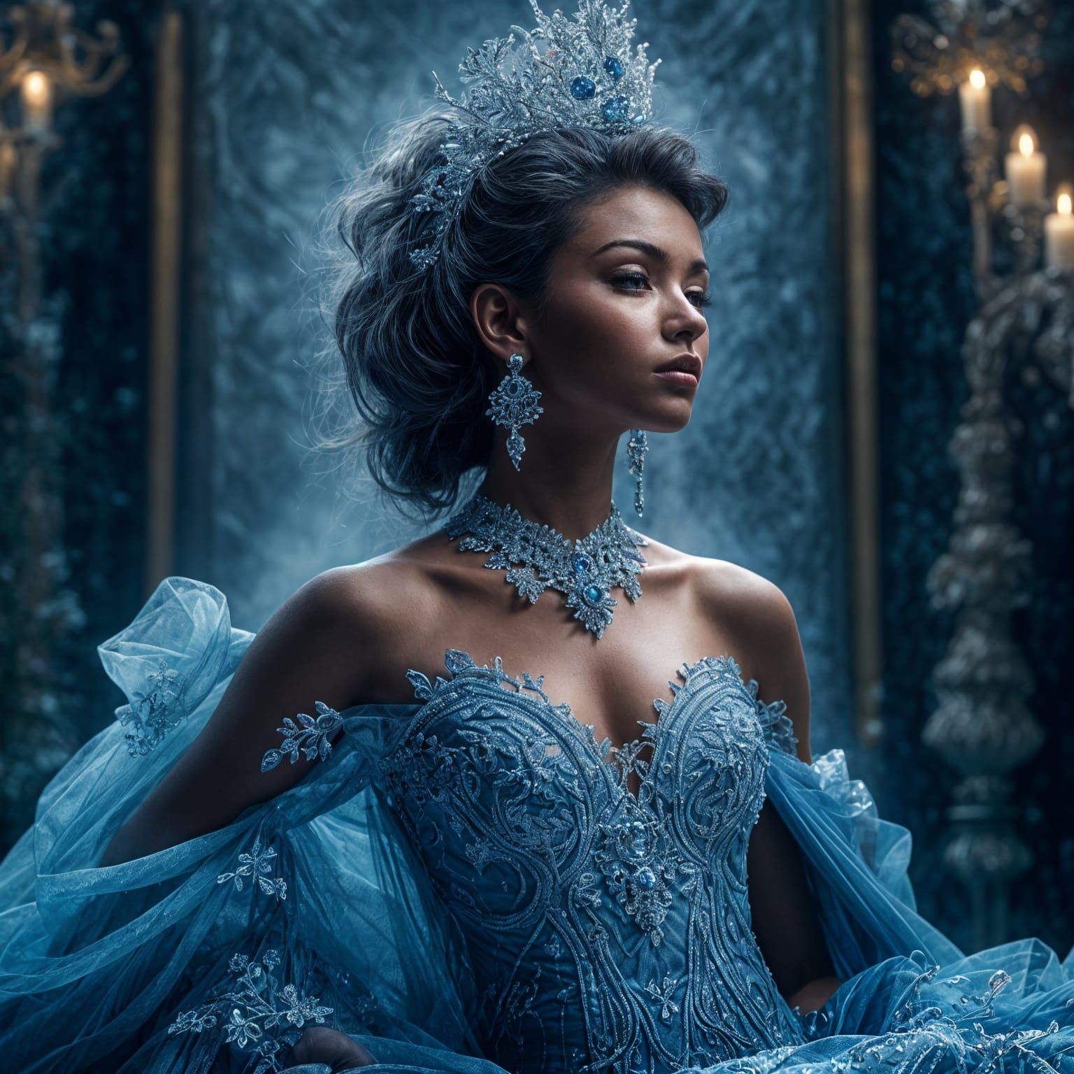 Hyperrealistic Ice Woman in Blue Ballgown