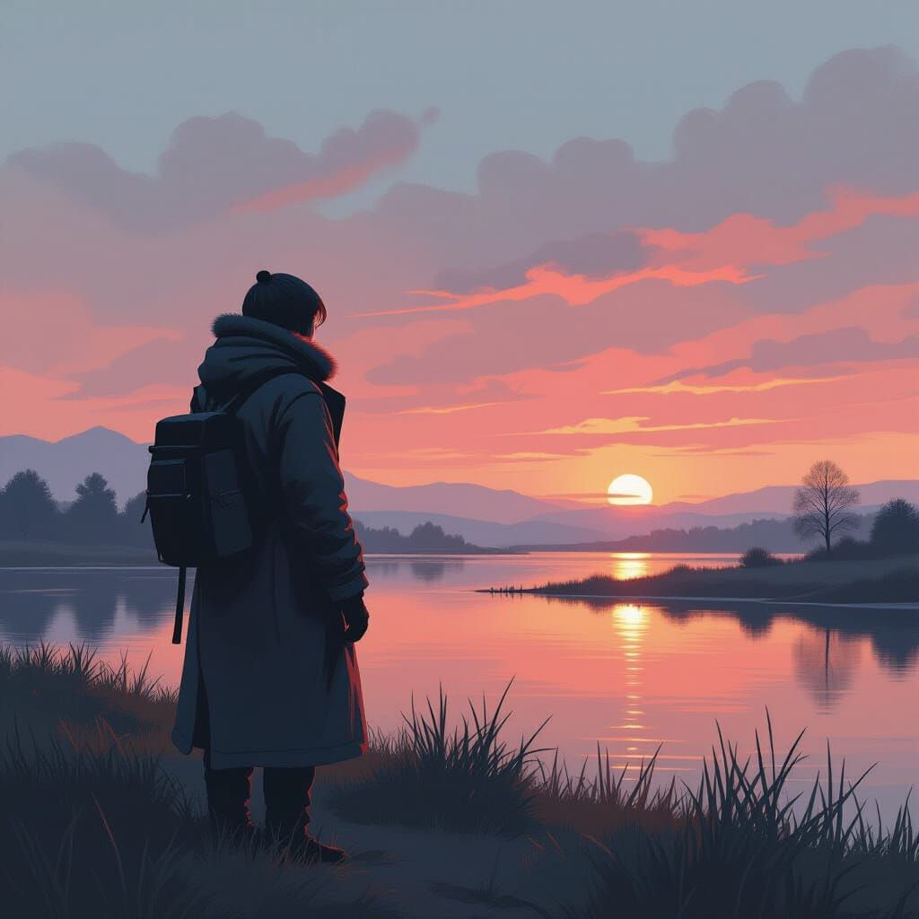 Nostalgic Figure in Serene Dusk Landscape