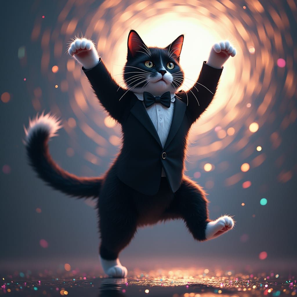 Playful Tuxedo Cat in Whimsical Digital Art