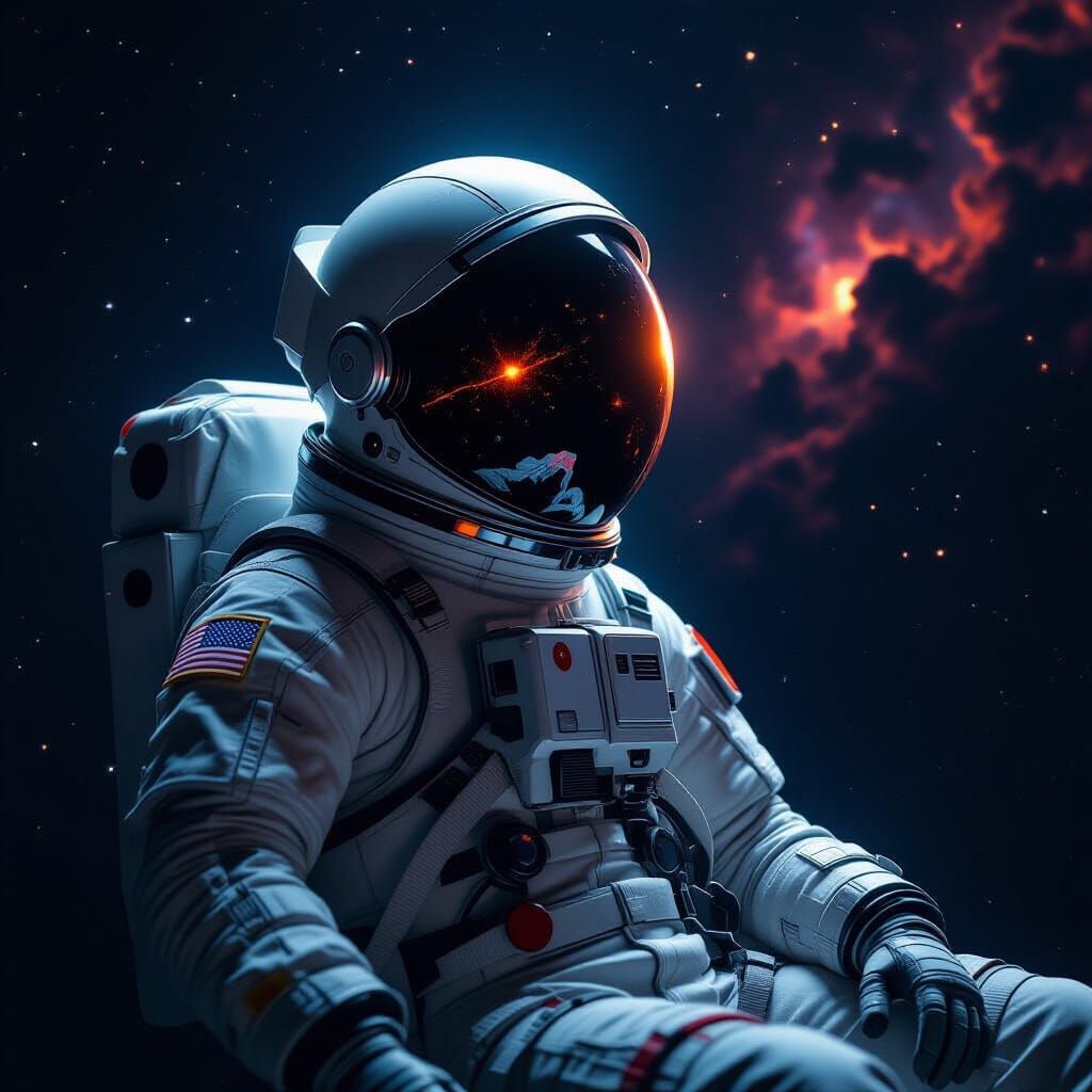 Astronaut Adrift Reflecting Dying Star in Dark Sci-Fi Art