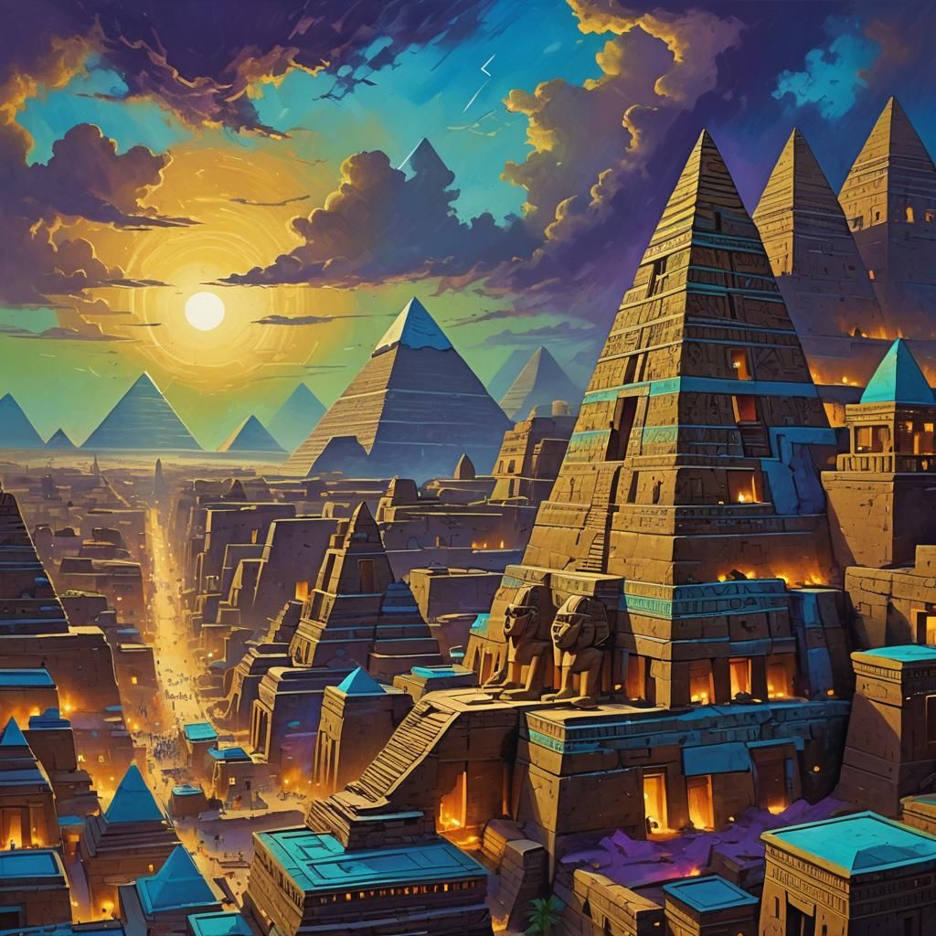 Mystical Egyptian Cityscape with Towering Anunaki