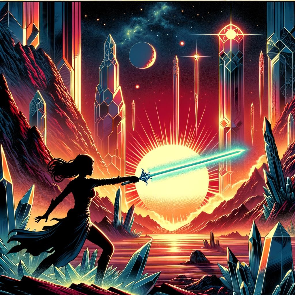 Alien Sunset Warrior with Energy Sword in Crystalline Desert