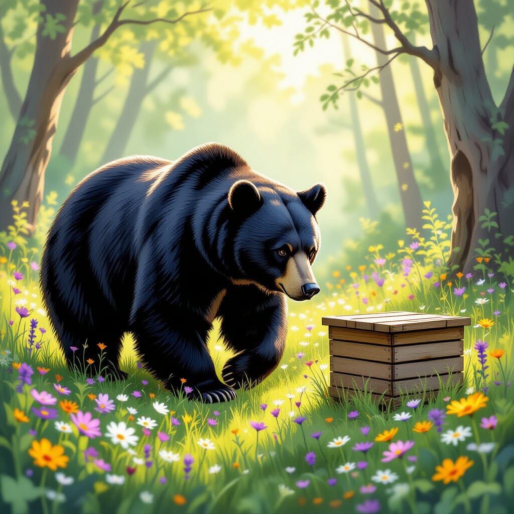 Black Bear in Enchanted Forest with Beehive