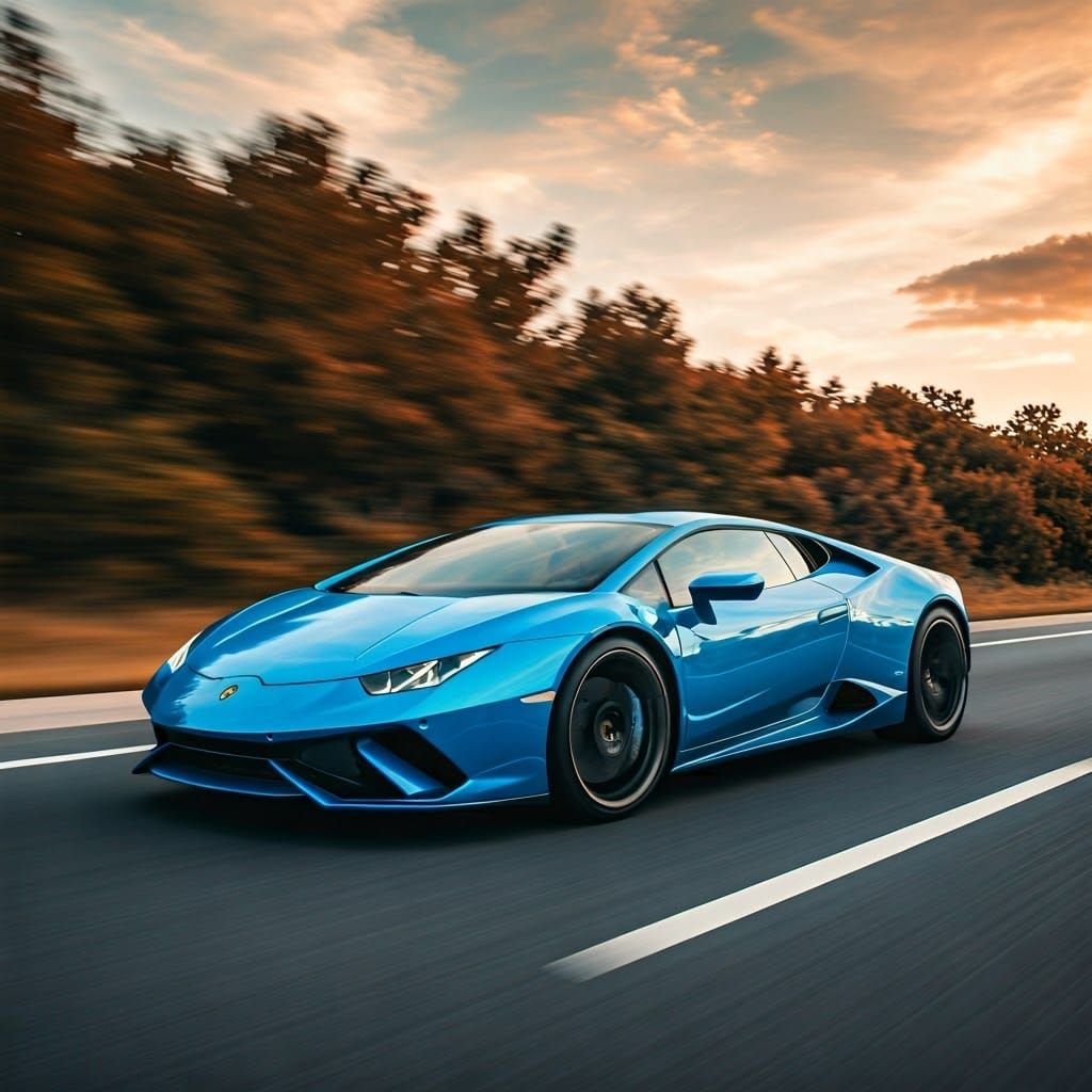 A blue Lamborghini Huracan speeding on a highway