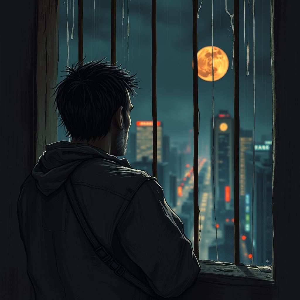 Prisoner Gazing at City Nightscape Under Blood Moon