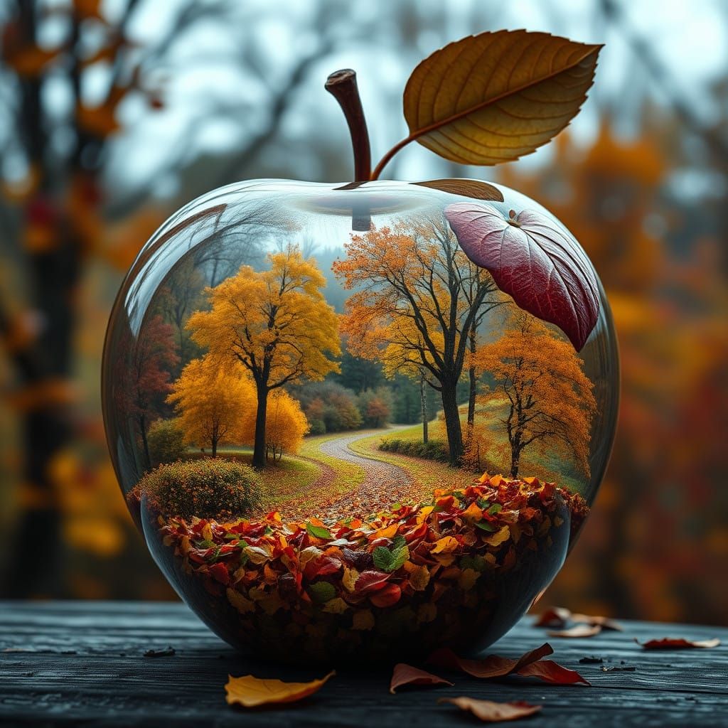 Vibrant Autumn Scene with Glass Apple and Hyperrealistic Fal...