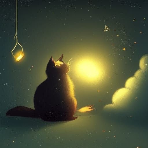 Kawaii Cat Gazes at Night Sky Shooting Stars