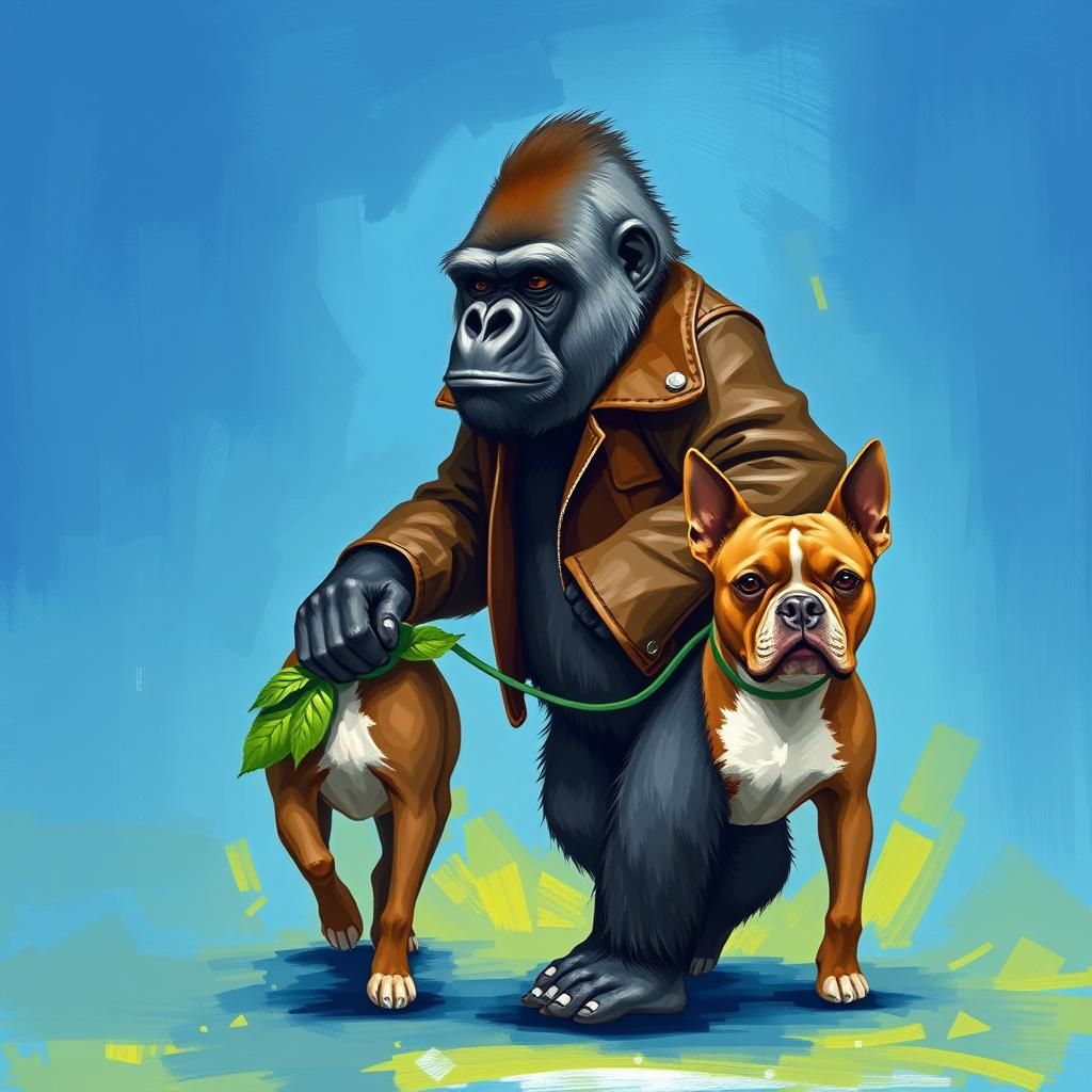 Gentle Gorilla Walks Pit Bull in Abstract Style