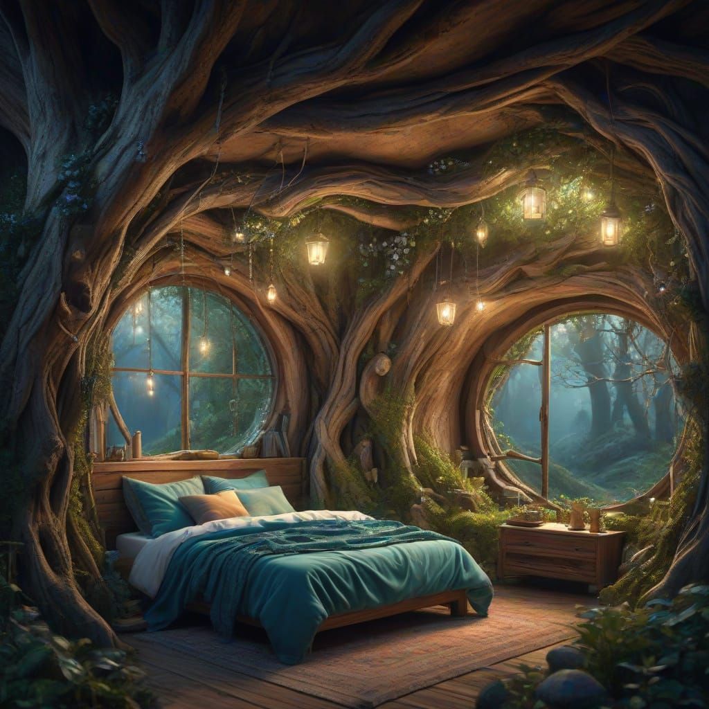 Whimsical Fairy Bedroom in a Hollow Tree Trunk