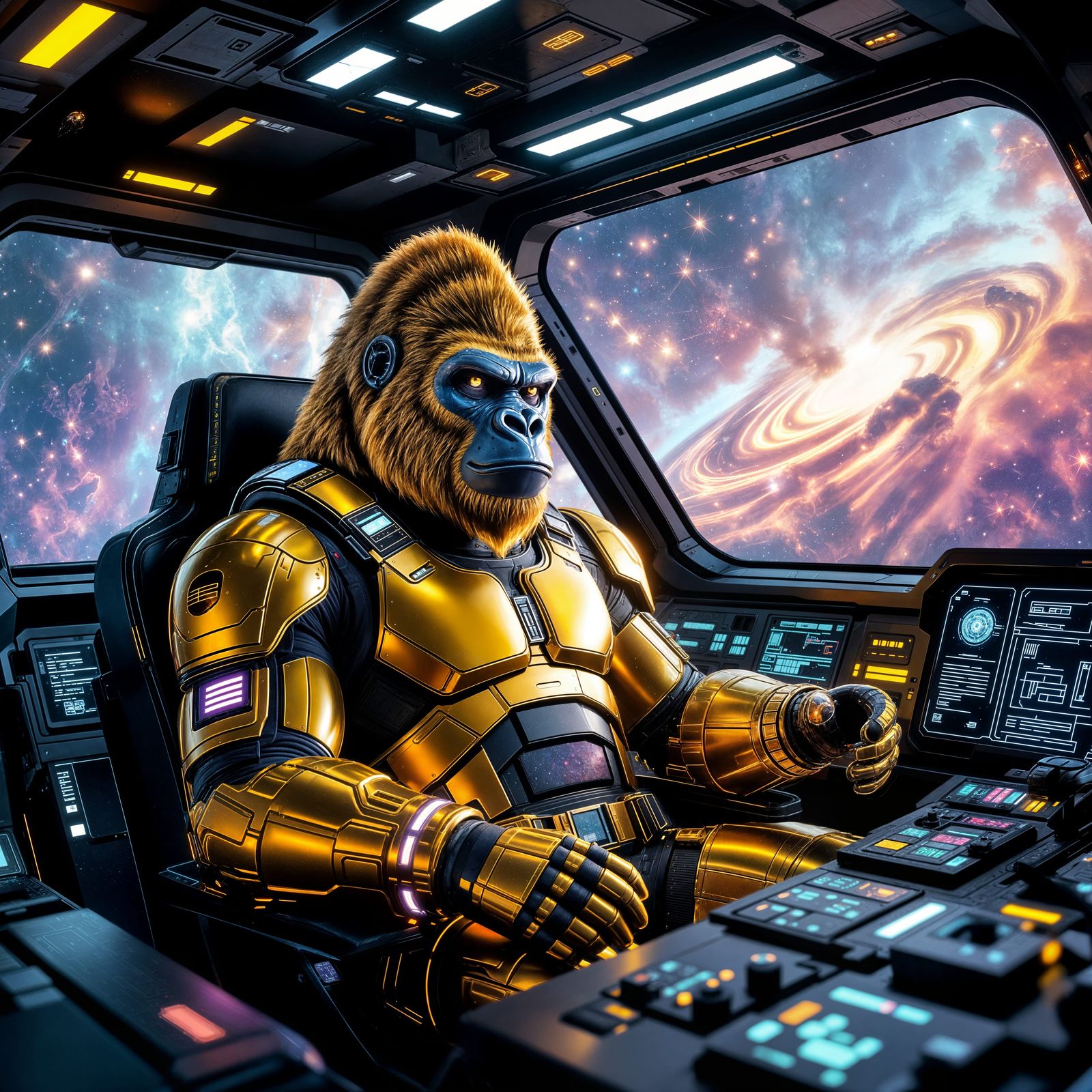 Futuristic Metallic Gorilla Pilot in Spacecraft