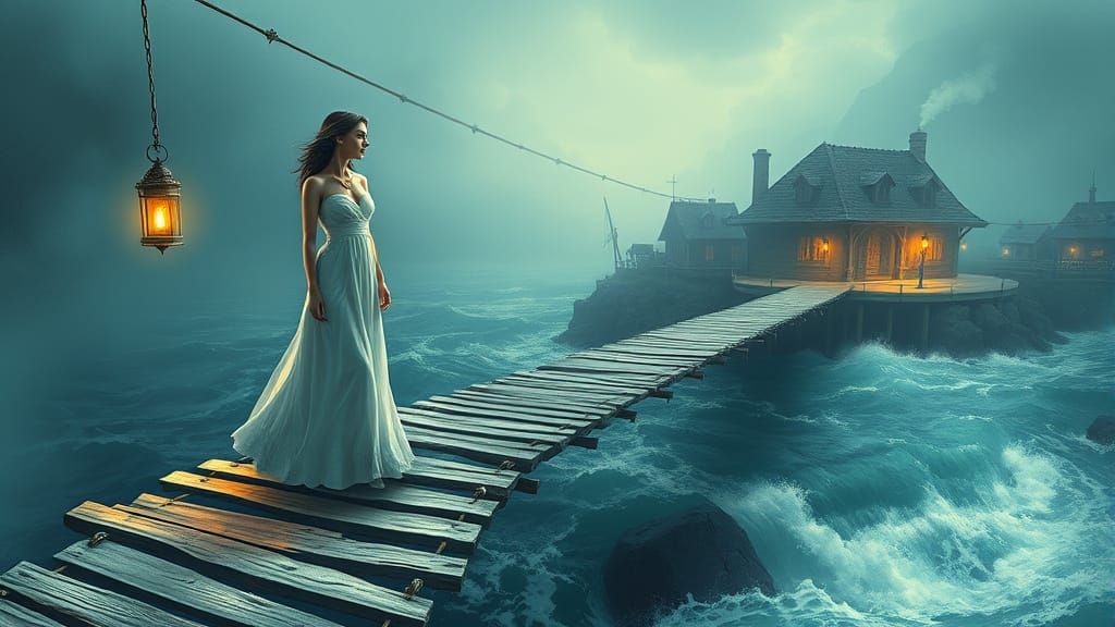Serene Woman on a Lantern-Lit Bridge Above Turbulent River