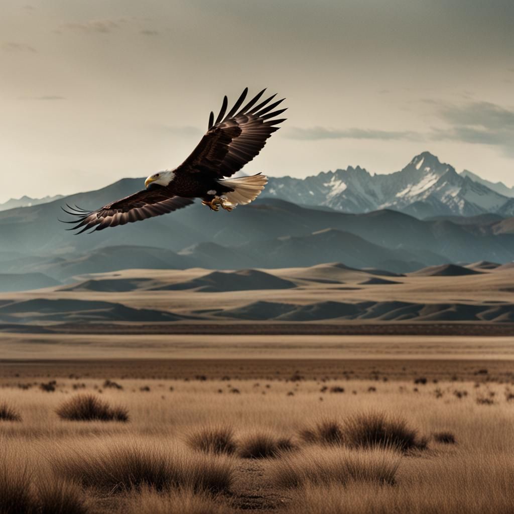A dark-brown and beige eagle flying