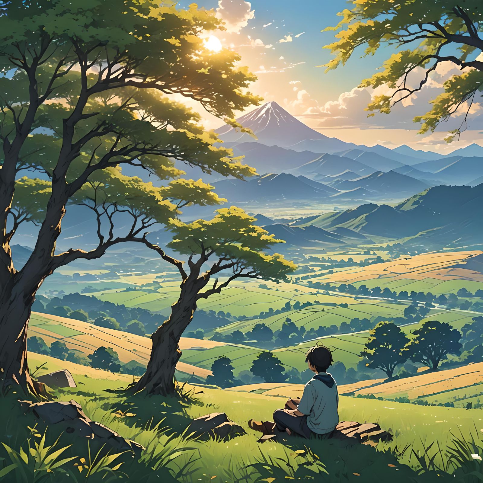 Under a solitary tree in a vast field, nature's embrace unfo...