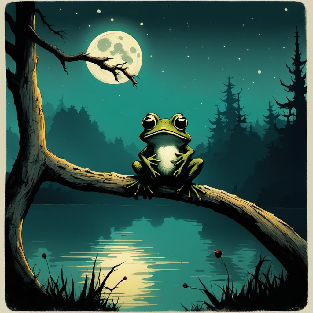Cute Frog and Moon at Night, Burton-esque Style