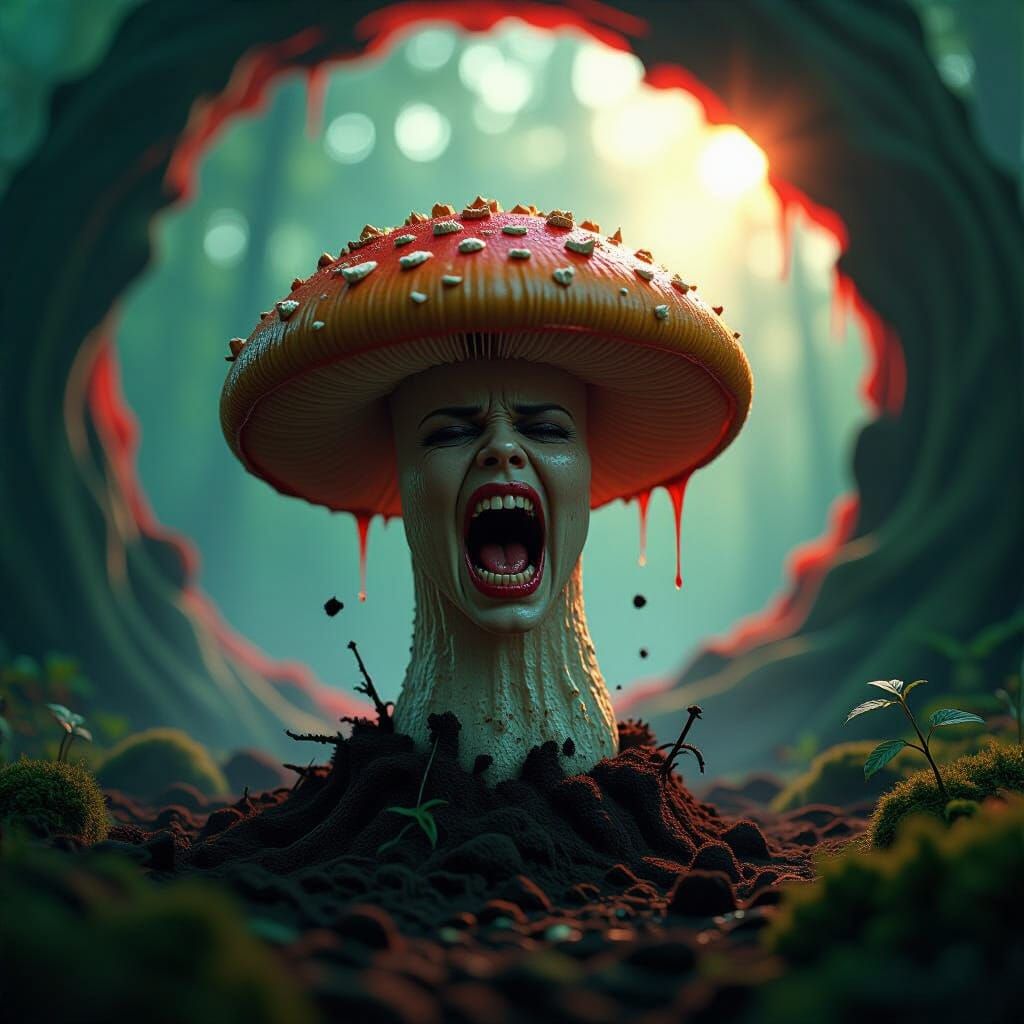 Sentient Mushroom's Agony: A Dark Surrealism Nightmare