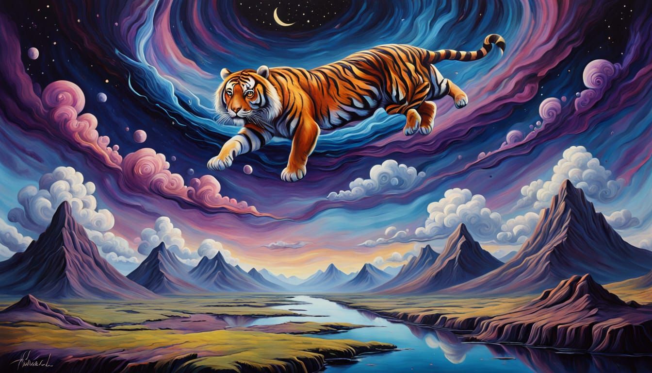 Surreal Tiger Floating in Starry Cosmic Landscape as Oil Pai...
