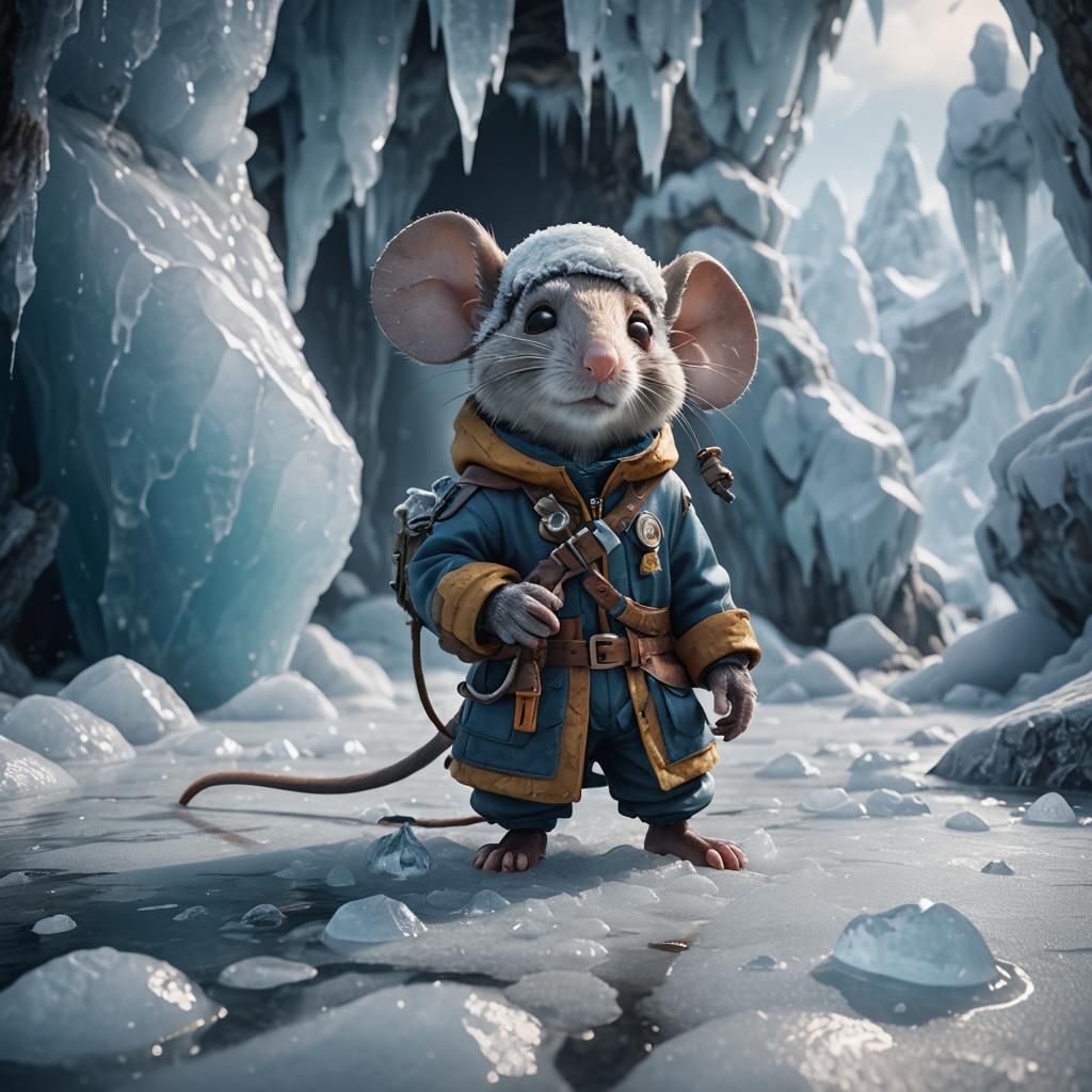 Sad Mouse Explorer in Ice, Detailed Matte Painting